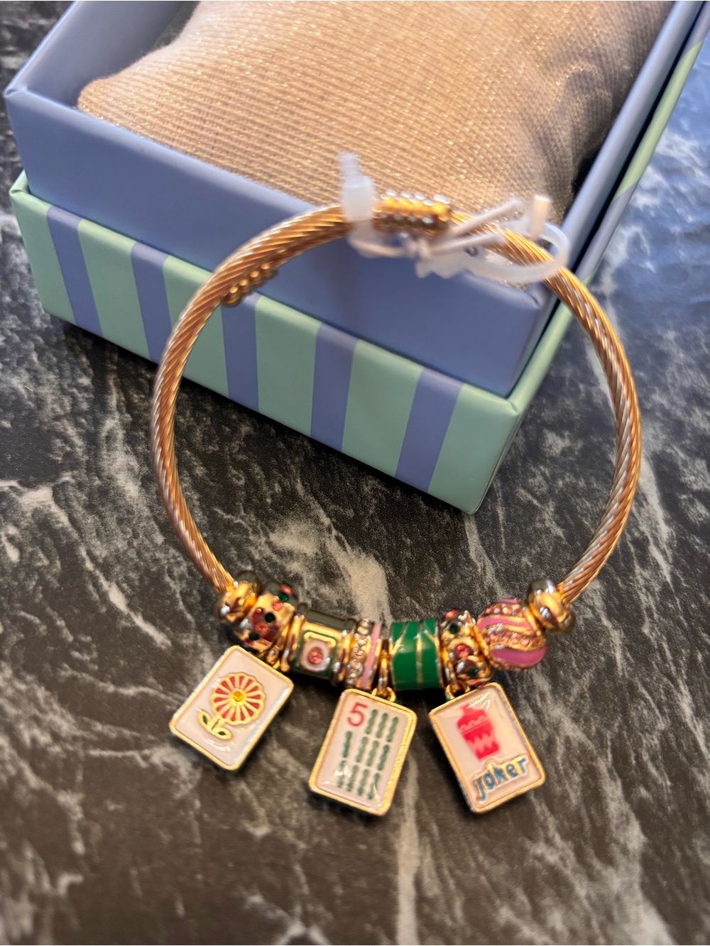 Piper K Mahjong Tiles Gold-Tone Charm Bracelet with Pink & Green Accents